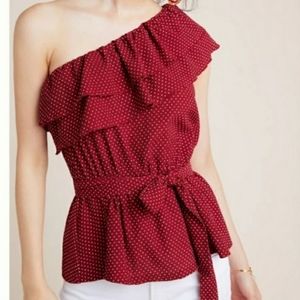 MAEVE One Shoulder Ruffle Polka Dot Waist Tie Top. Never worn, 10/10 condition
